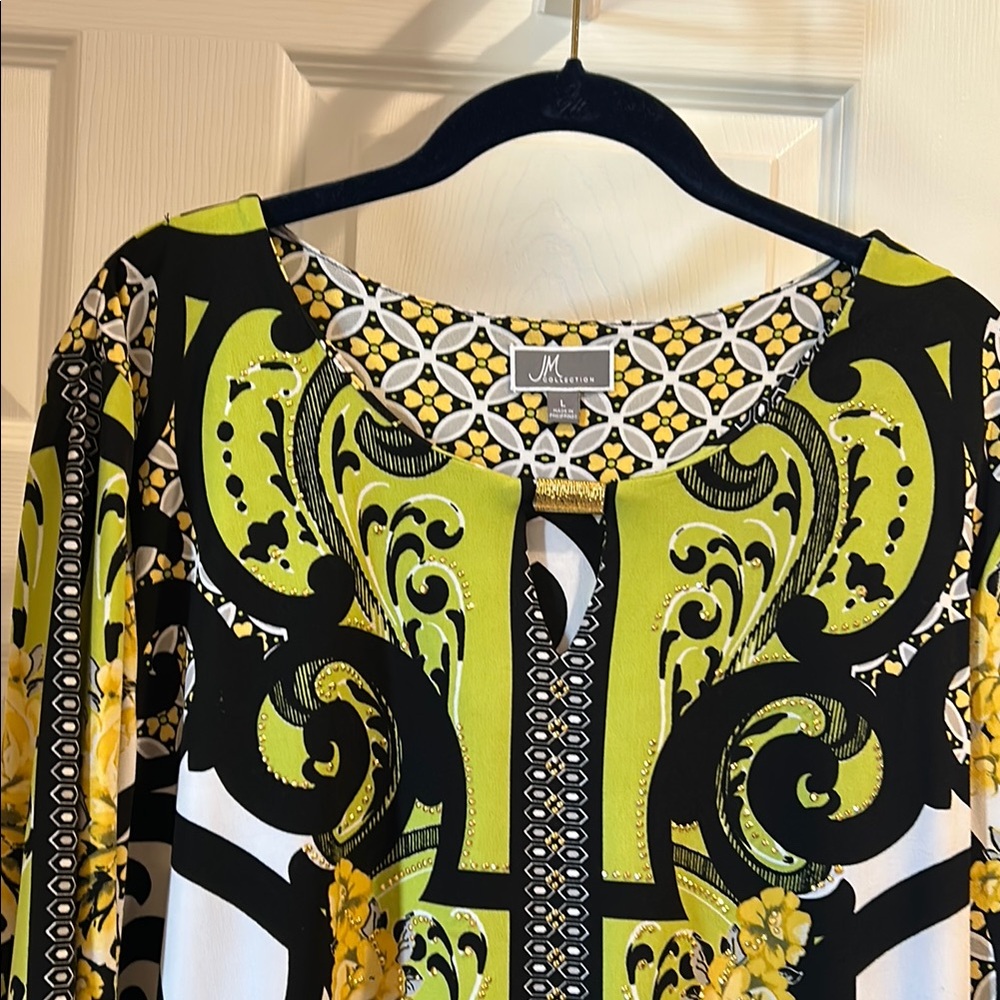 JM Collection Black and Green Patterned Top